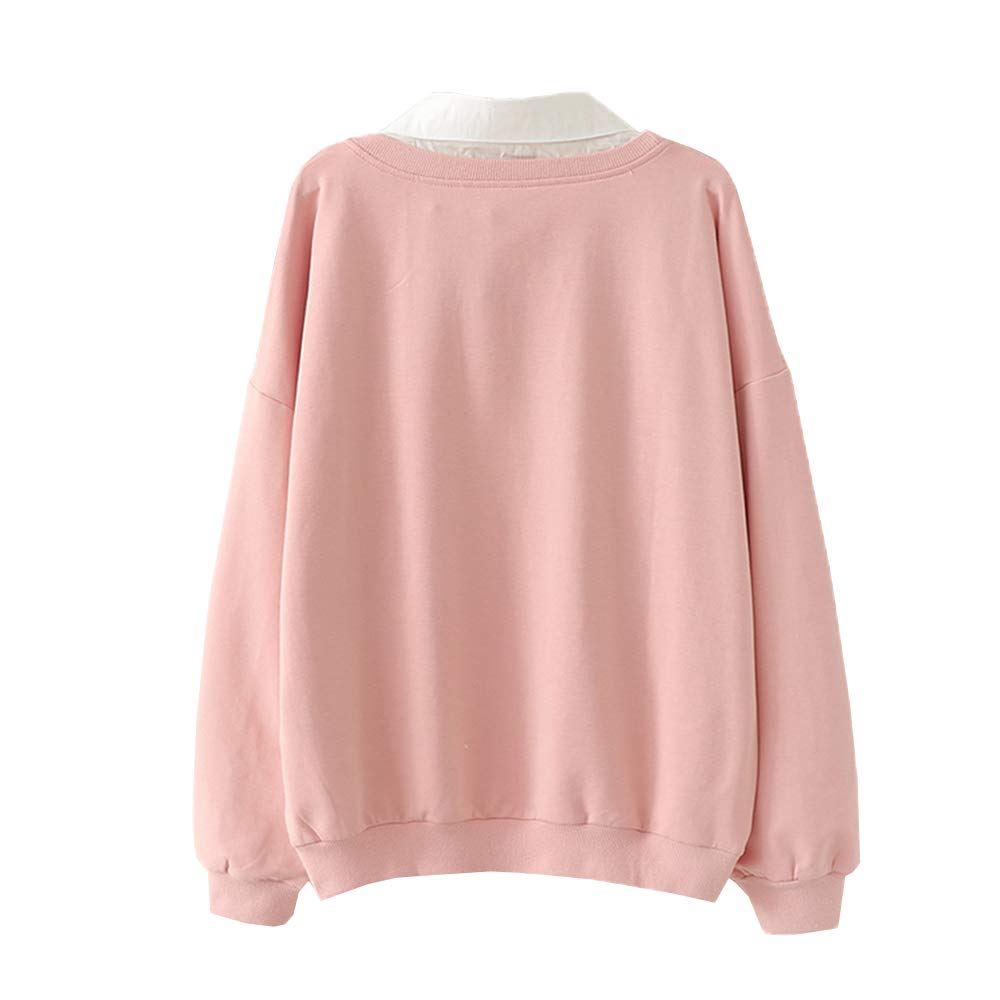 Kawaii Rabbit Sweatshirt with Fake Layered Collar Cute Long Sleeve Pullover for Girls
